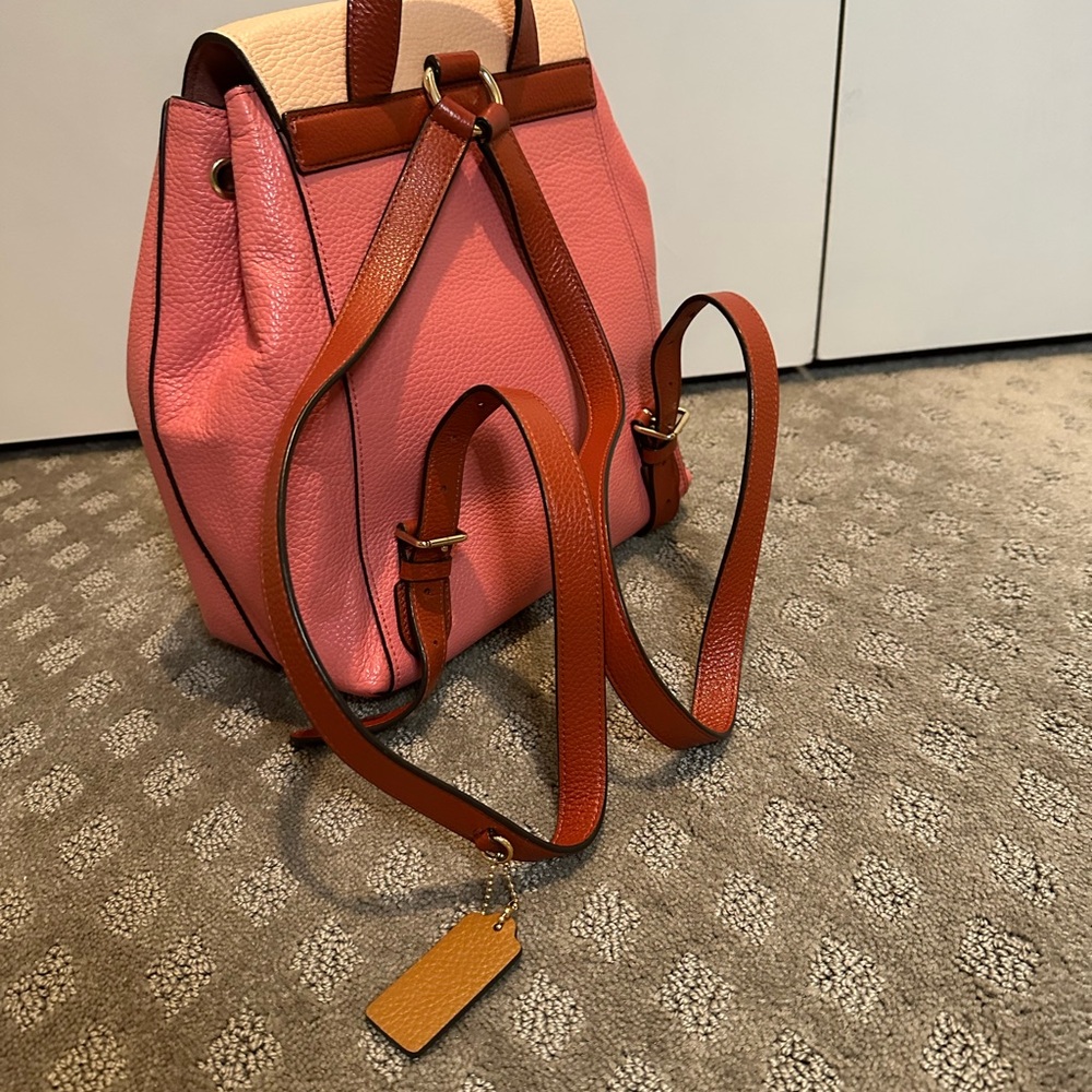 Coach Peach and Coral Pebbled Leather Backpack with Brown Trim - Picture 2 of 7